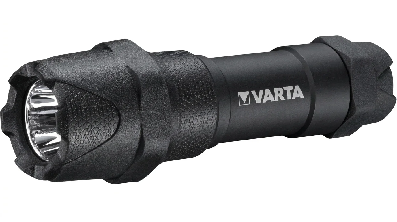Černá ruční svítilna VARTA F10 PRO s robustní pogumovanou hlavou a bílým logem na těle.