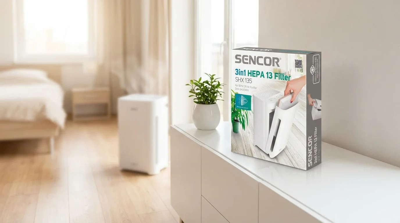 Balení filtru Sencor SHX 135 postavené na bílé skříňce v místnosti s čističkou vzduchu v pozadí.