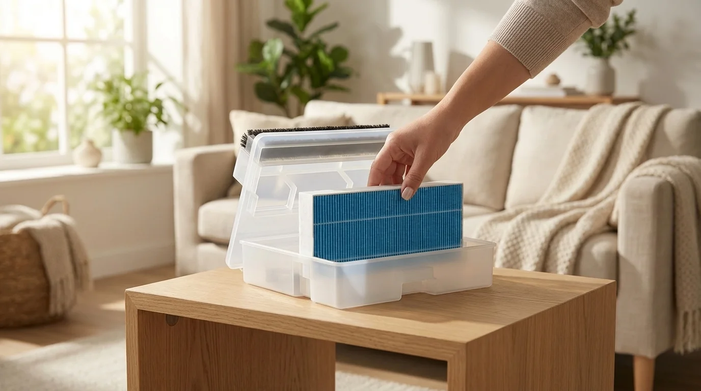 Ruka vkládá modrý zvlhčovací filtr Sencor do plastového zásobníku na vodu na dřevěném stolku.
