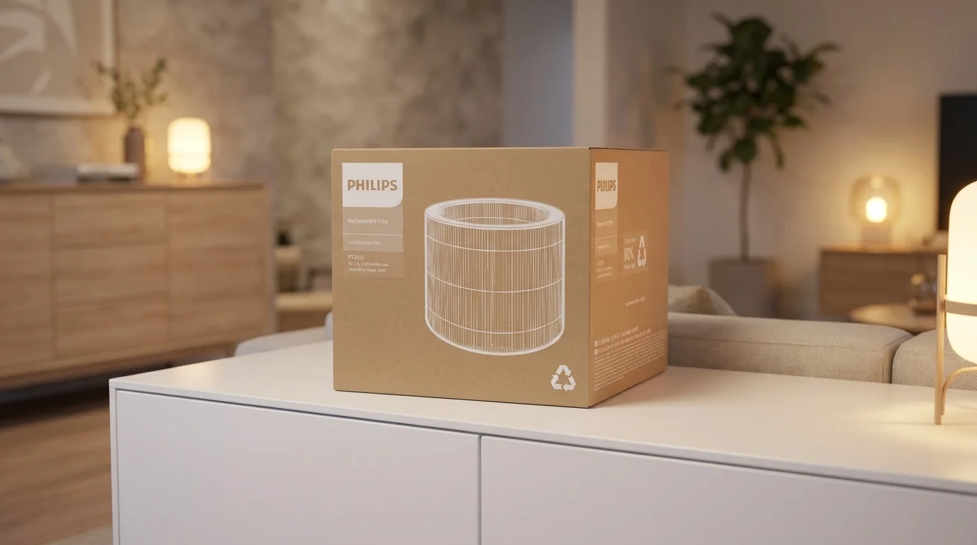 Kartonové balení náhradního zvlhčovacího filtru Philips umístěné na bílé skříňce v moderním obývacím pokoji.
