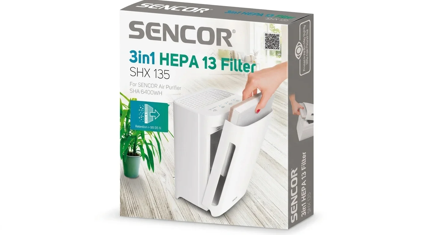 Balení náhradního filtru Sencor SHX 135 HEPA 13 s vyobrazením vkládání filtru do bílé čističky vzduchu.