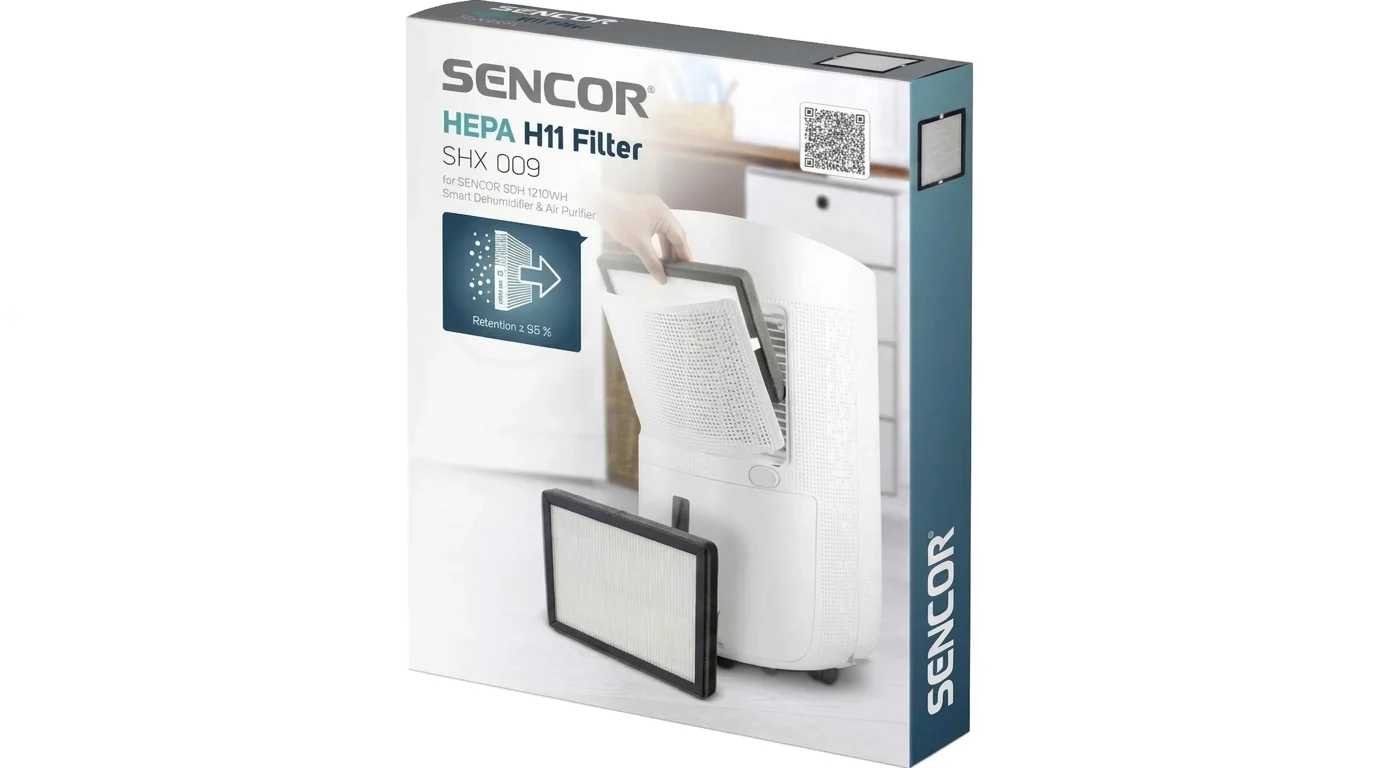 Krabice náhradního HEPA filtru Sencor SHX 009 s vyobrazením filtru a jeho instalace do odvlhčovače vzduchu.