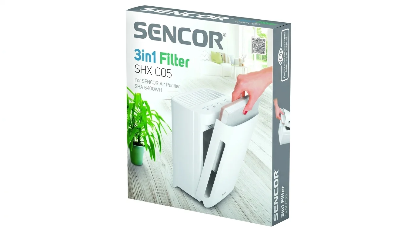 Balení filtru 3v1 Sencor SHX 005 s vyobrazením vkládání filtru do čističky vzduchu SHA 6400WH.