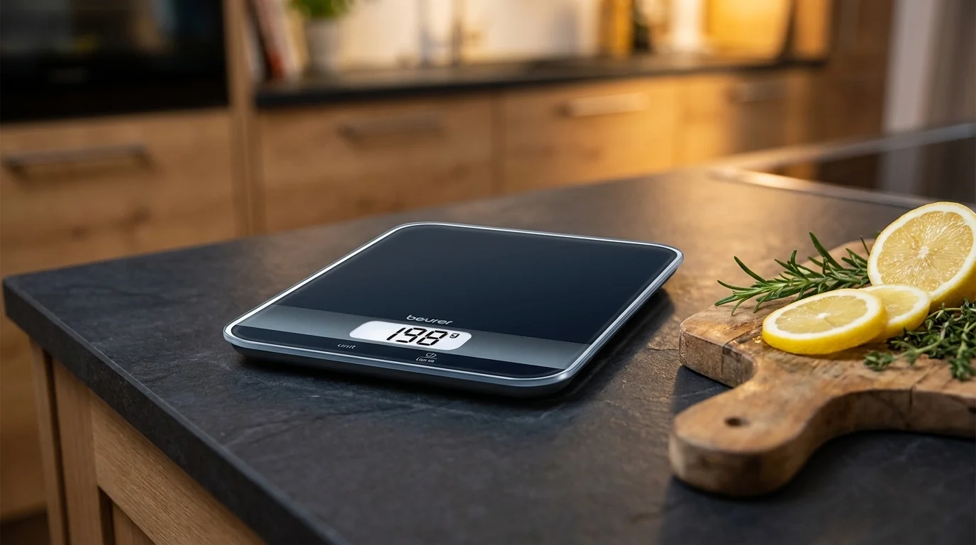 Černá digitální kuchyňská váha Beurer KS19BL položená na kuchyňské lince vedle prkénka s plátky citronu.