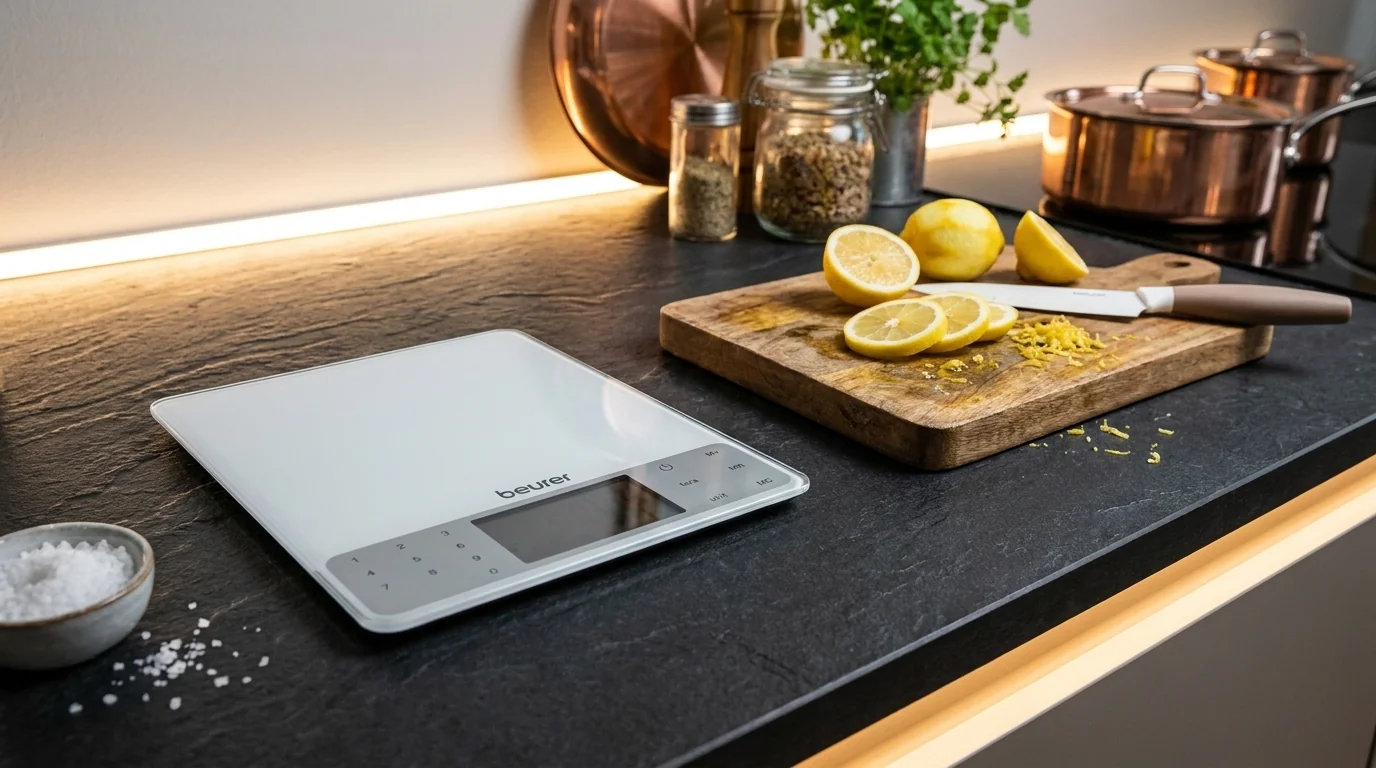 Digitální kuchyňská váha Beurer DS61 na tmavé kuchyňské lince vedle prkénka s nakrájenými citrony.