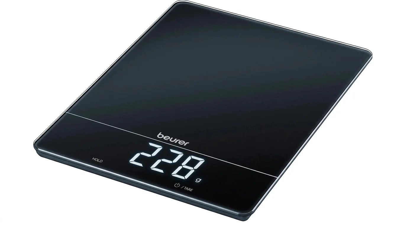 Černá digitální kuchyňská váha Beurer KS34 s bíle podsvíceným displejem zobrazujícím 228 g.