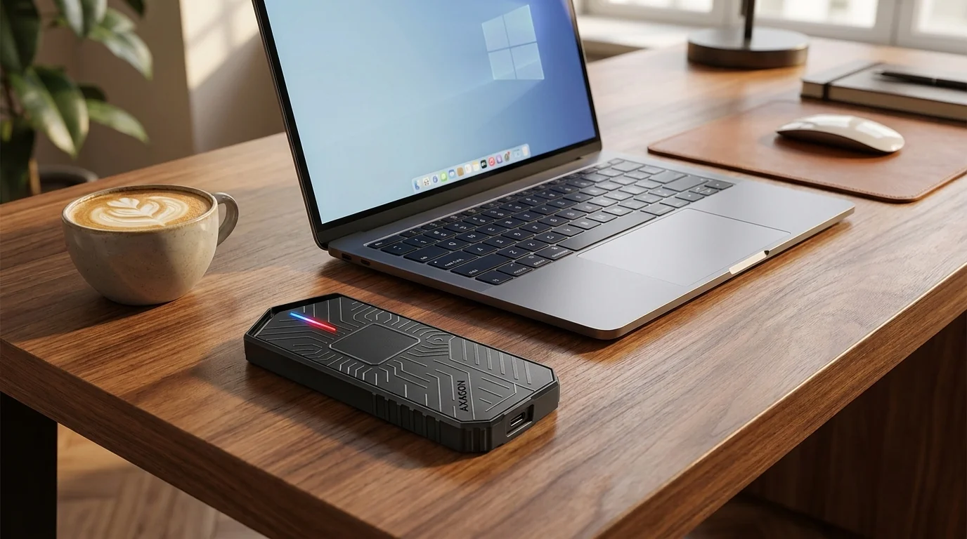 Čierny externý box AXAGON EEM2-GAM s LED indikáciou položený na drevenom stole vedľa otvoreného notebooku.