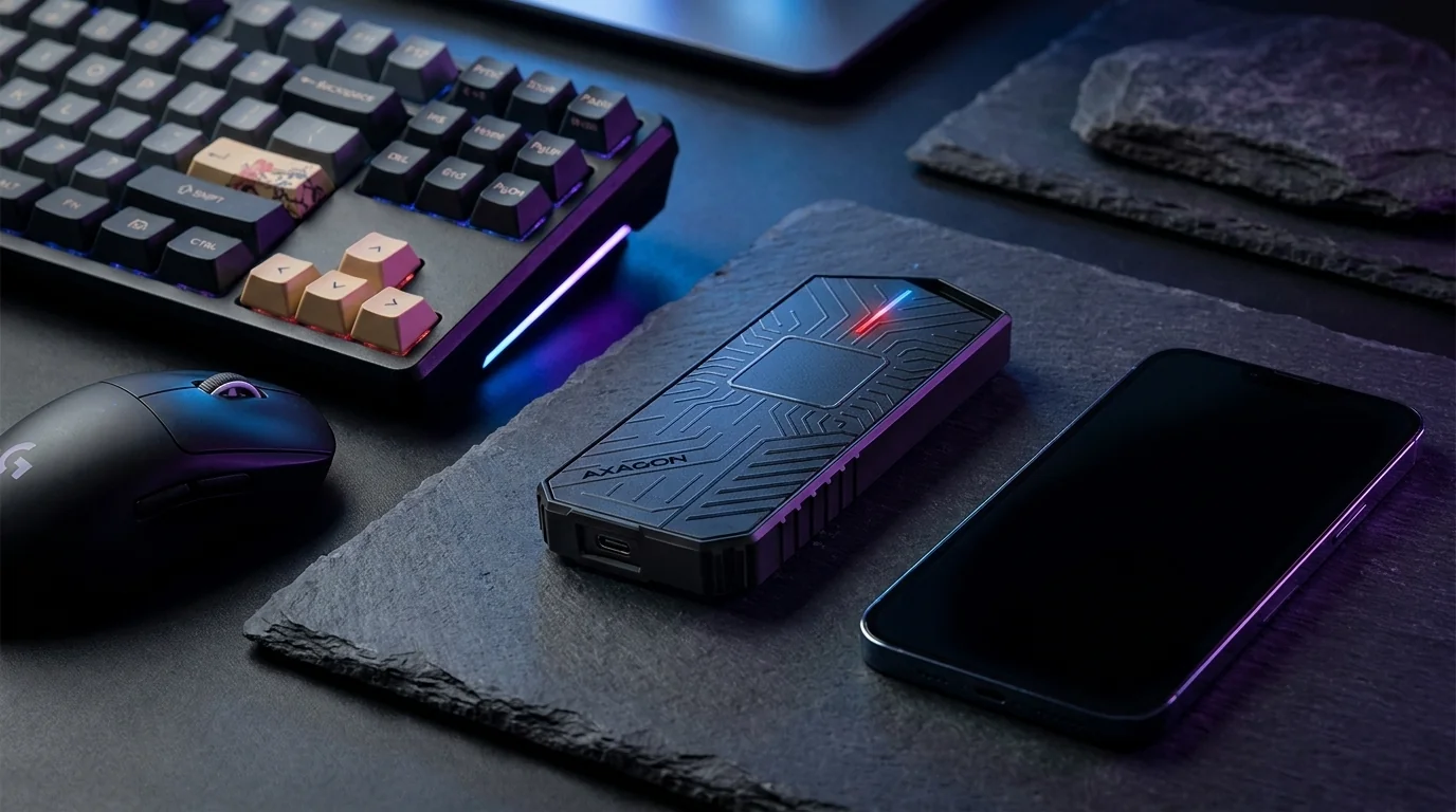 Čierny externý box AXAGON EEM2-GAM položený na kamennej podložke vedľa smartfónu, klávesnice a myši.