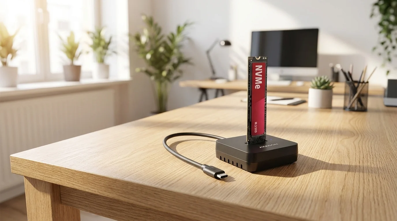 Dokovacia stanica AXAGON so zvisle zasunutým M.2 NVMe SSD diskom a USB-C káblom na drevenom stole.