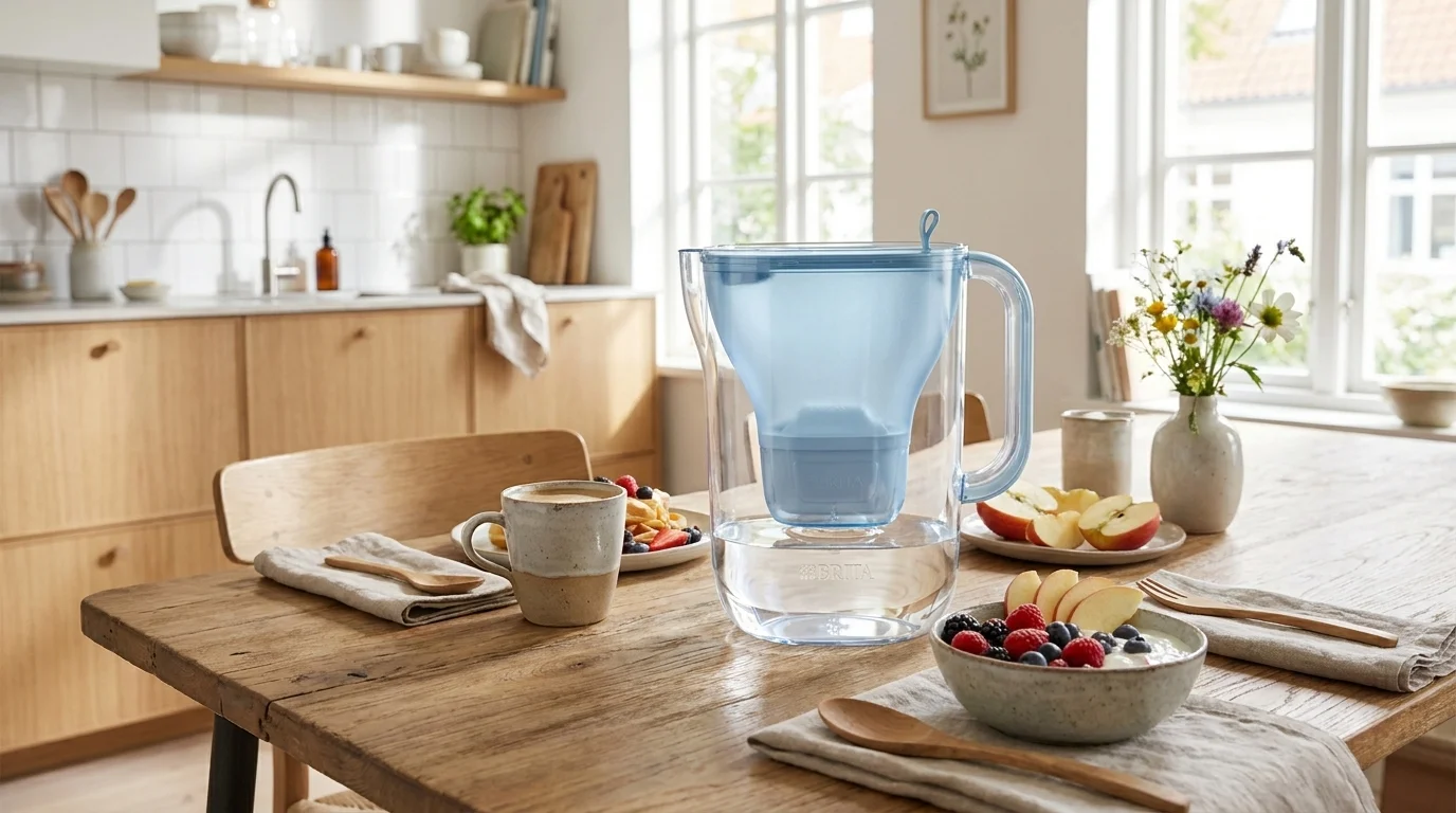 Modrá filtrační konvice BRITA Maxtra Style na dřevěném jídelním stole se snídaní a kávou.
