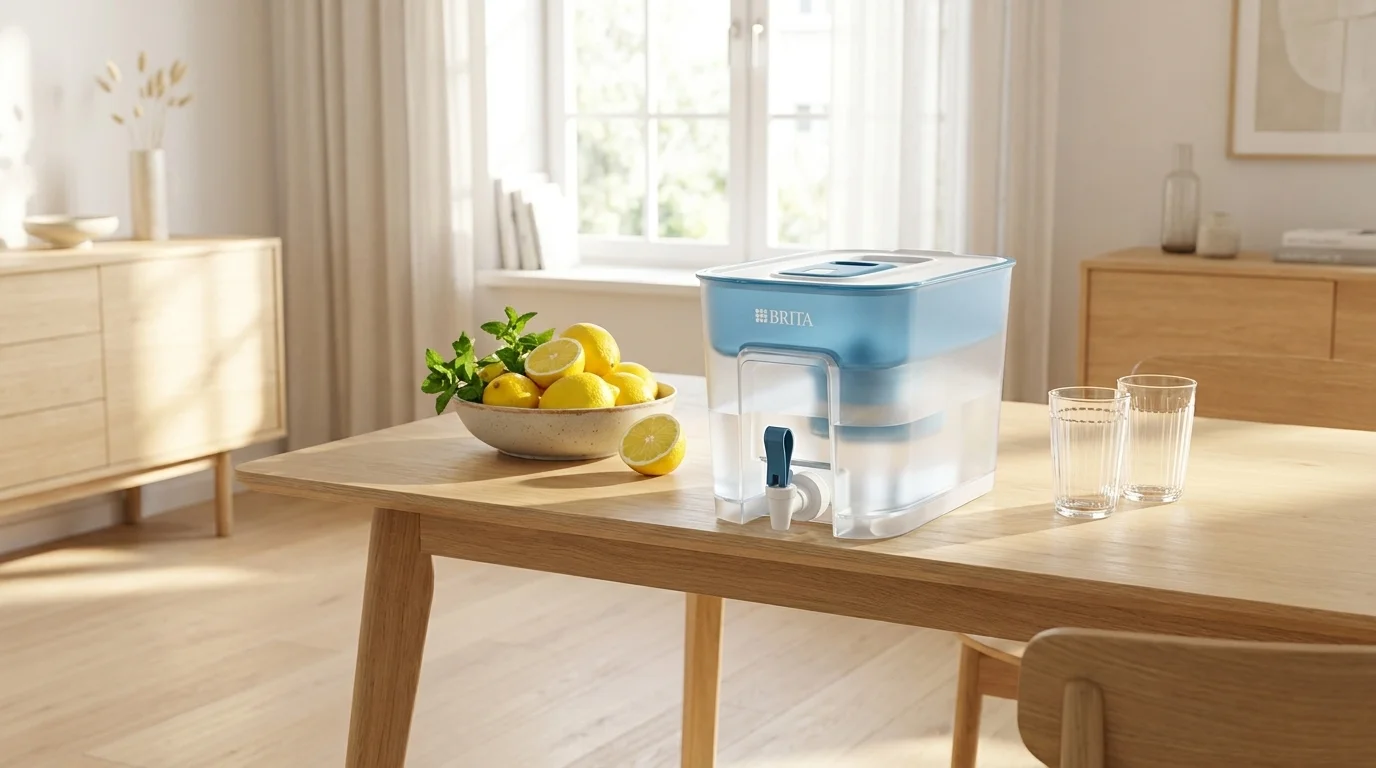 Filtračná nádoba Brita Flow s dávkovacím kohútikom na drevenom stole vedľa misy s citrónmi a dvoch prázdnych pohárov.