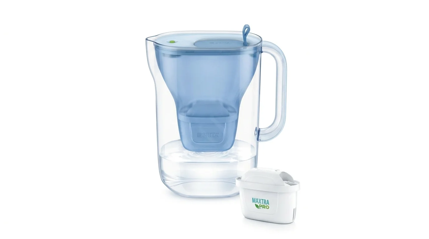 Průhledná filtrační konvice BRITA Style s modrou nálevkou a přiložená filtrační patrona Maxtra Pro.