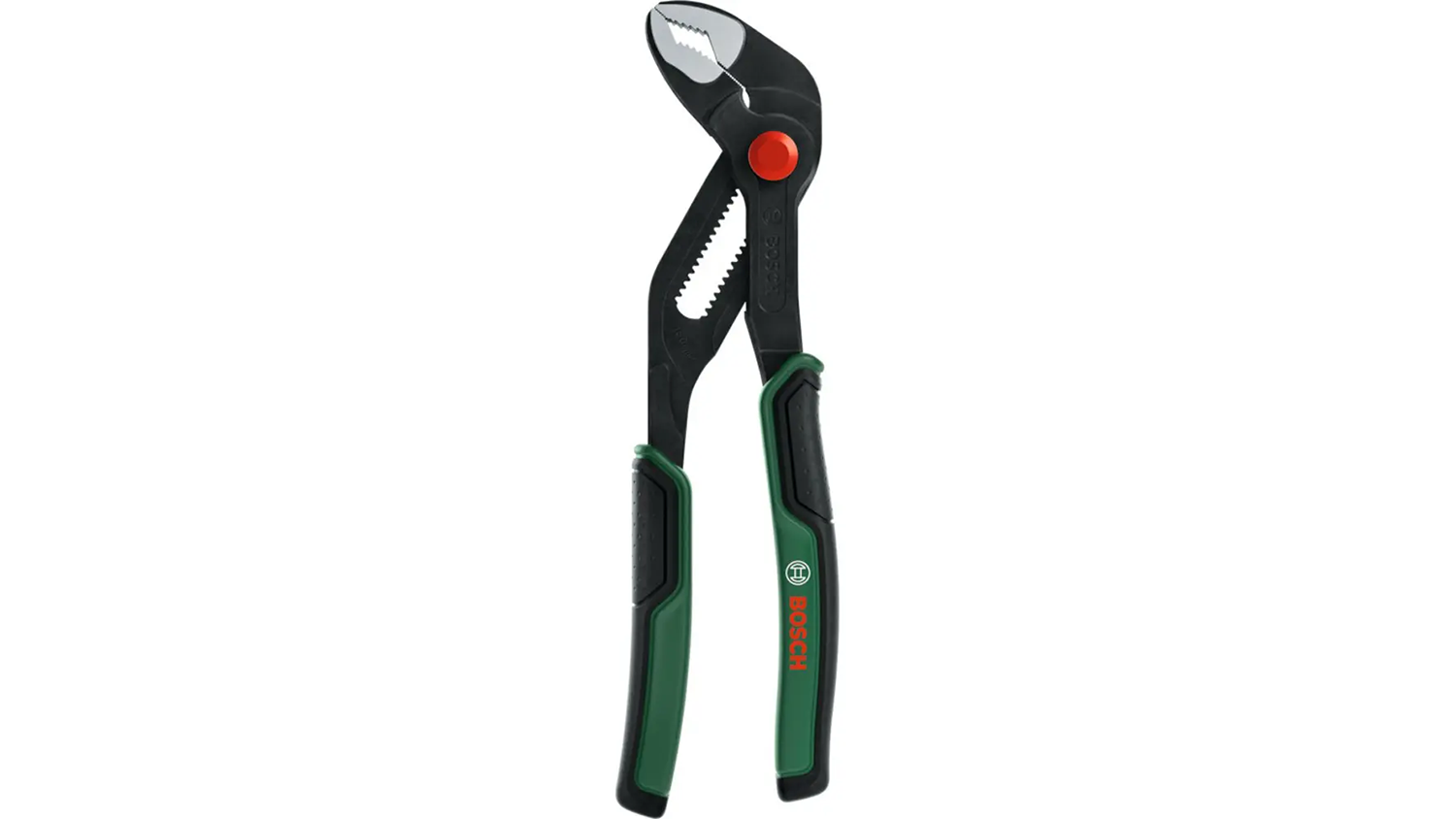 Instalatérské kleště Bosch s ozubenými čelistmi, červeným nastavovacím tlačítkem a zeleno-černou rukojetí.