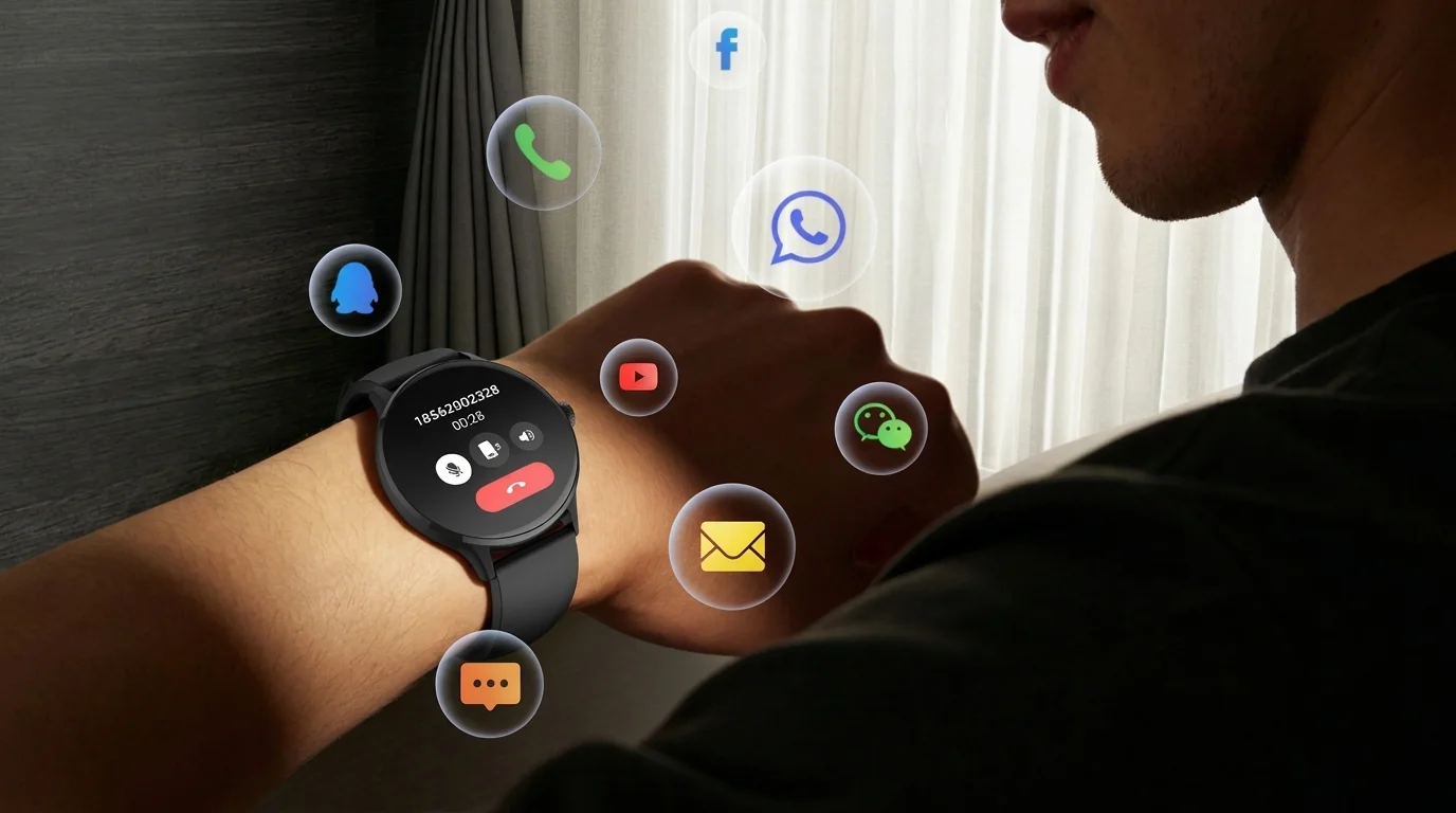 Smart hodinky Cubot U2 na zápästí s prebiehajúcim hovorom na displeji a vznášajúcimi sa ikonami aplikácií a notifikácií.