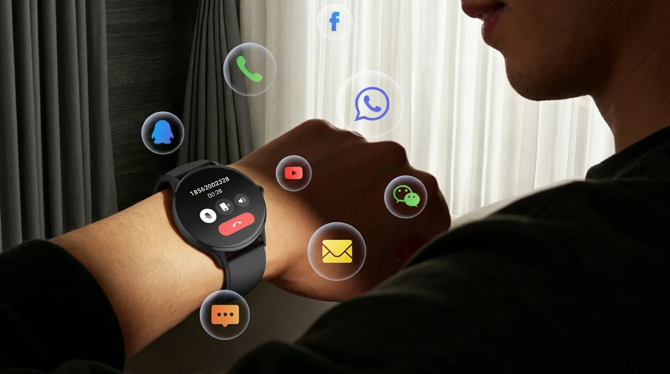 Čierne smart hodinky Cubot U2 na zápästí zobrazujúce hovor, obklopené ikonami aplikácií a notifikácií.