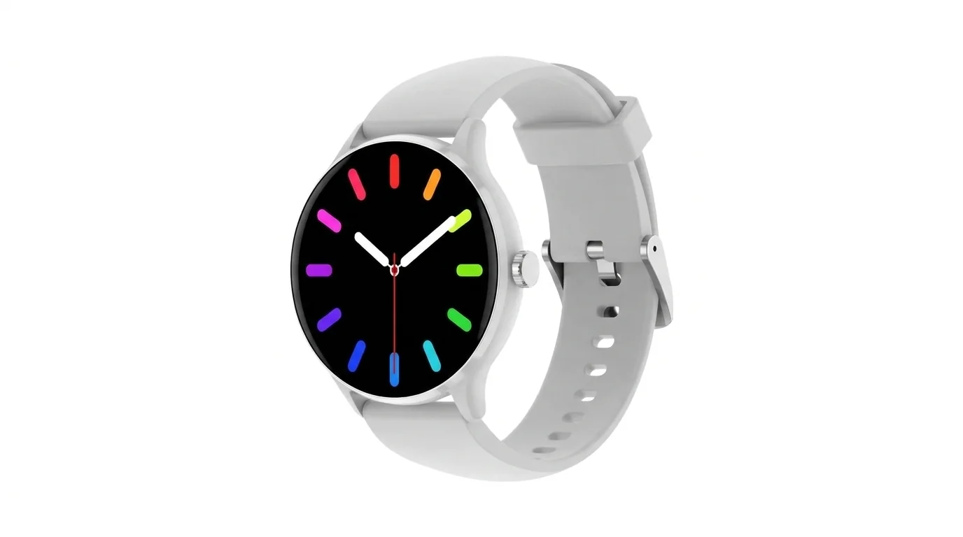 Smart hodinky Cubot U2 Grey so sivým remienkom a okrúhlym čiernym ciferníkom s farebnými hodinovými indexmi.