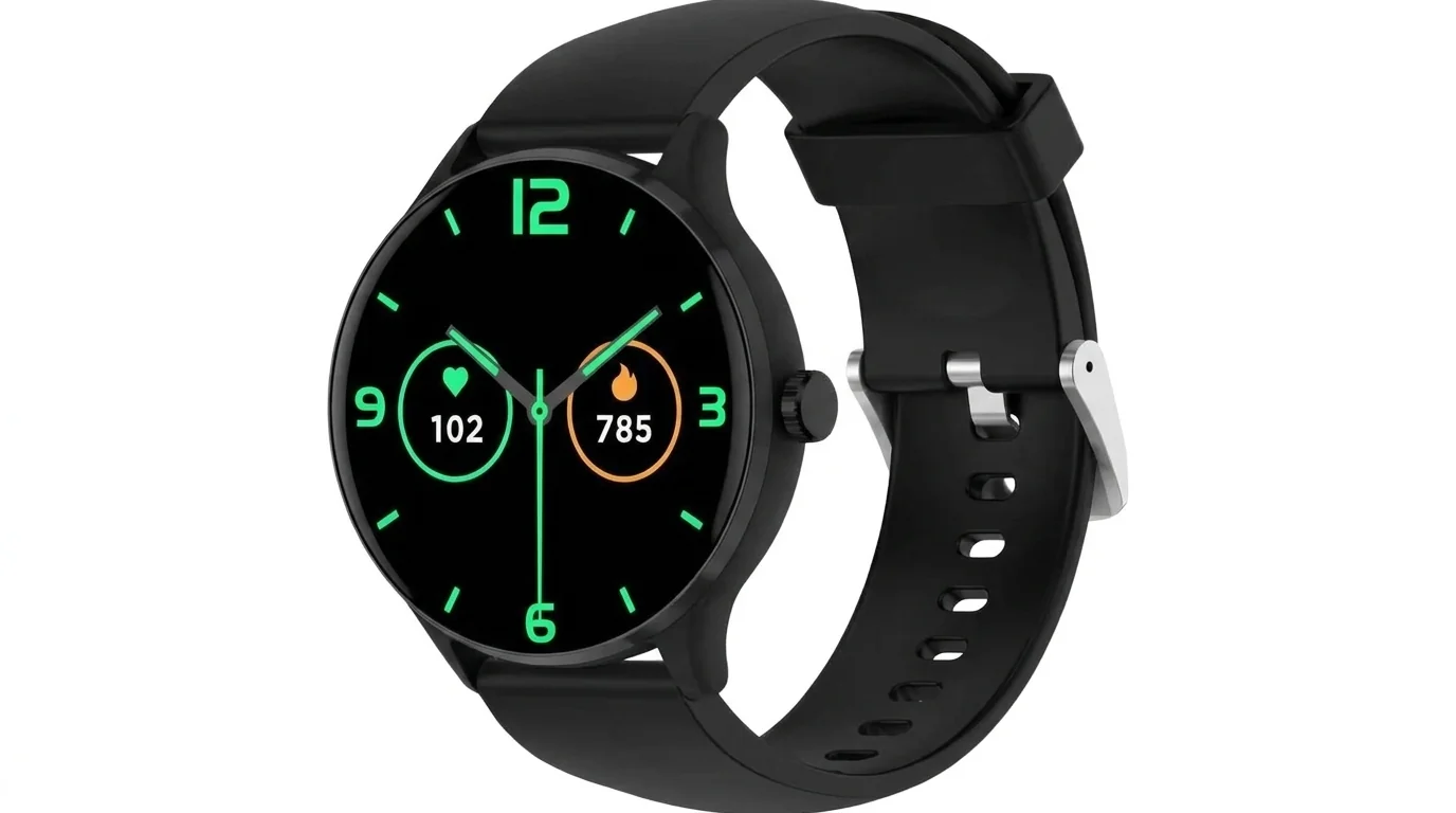 Smart hodinky Cubot U2 Black s okrúhlym displejom, zelenými analógovými ručičkami a čiernym silikónovým remienkom.