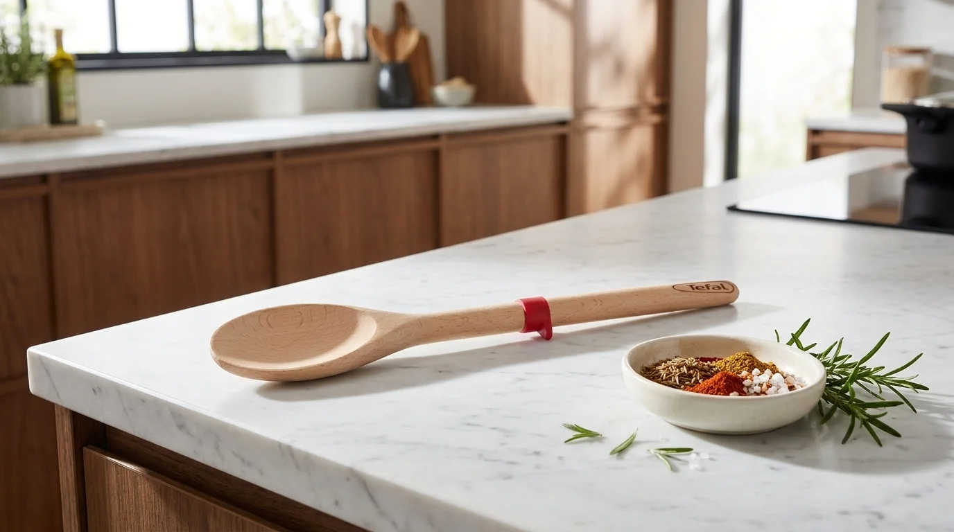 Dřevěná lžíce Tefal Ingenio Wood s červeným silikonovým kroužkem položená na kuchyňské lince vedle misky s kořením.