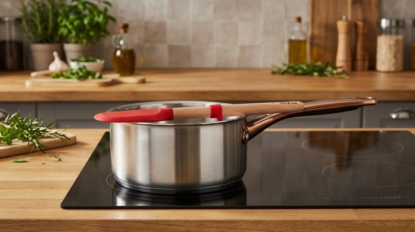 Obracečka Tefal Ingenio Wood s červenou silikonovou hlavou a kroužkem položená na nerezovém hrnci na varné desce.