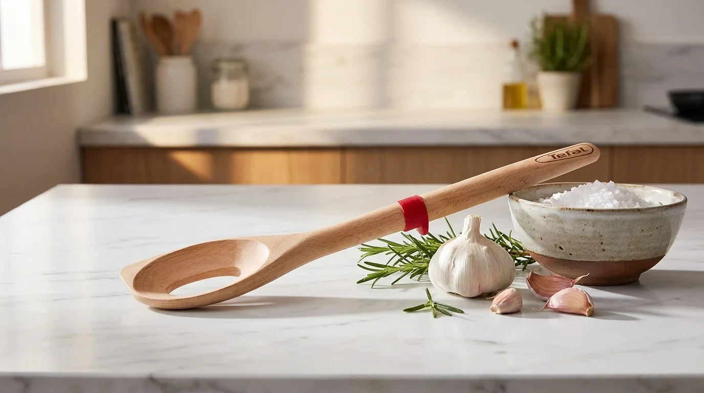 Dřevěná vařečka Tefal Ingenio Wood s otvorem a červeným kroužkem položená na kuchyňské lince vedle česneku a misky se solí.