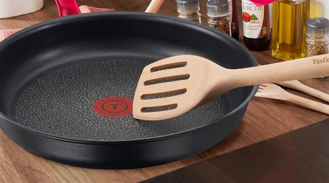 Dřevěná obracečka Tefal Ingenio Wood s otvory položená na pánvi s nepřilnavým povrchem.