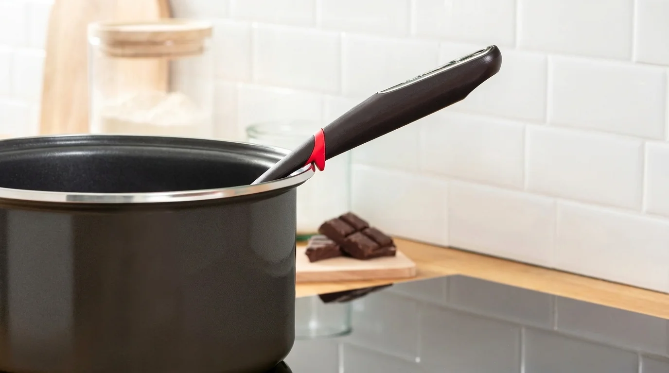 Lžíce Tefal Ingenio opřená červeným silikonovým kroužkem o okraj černého hrnce.