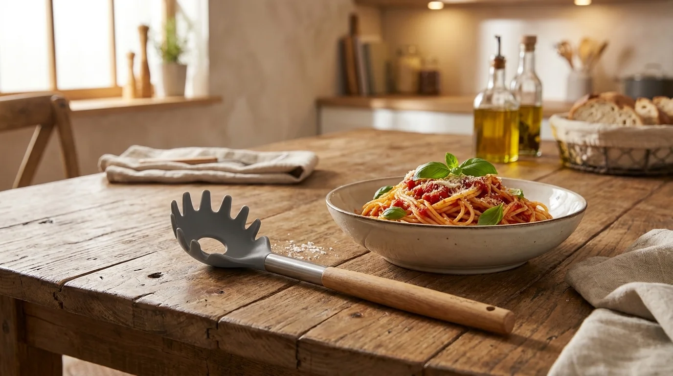 Naběračka na špagety Lamart Wood s dřevěnou rukojetí položená na dřevěném stole vedle talíře těstovin.