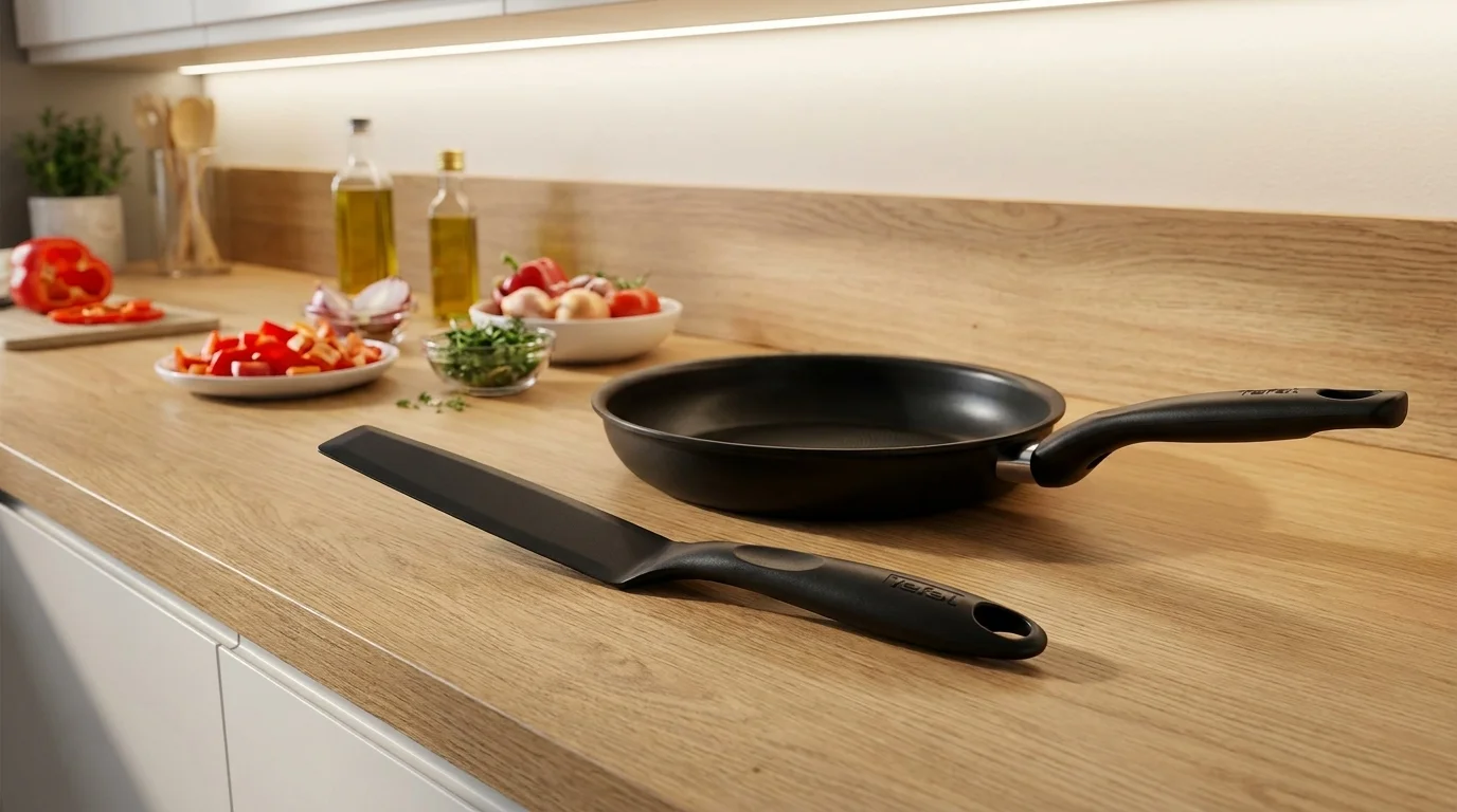 Černá obracečka na palačinky Tefal položená na dřevěné kuchyňské lince vedle pánve s nepřilnavým povrchem.