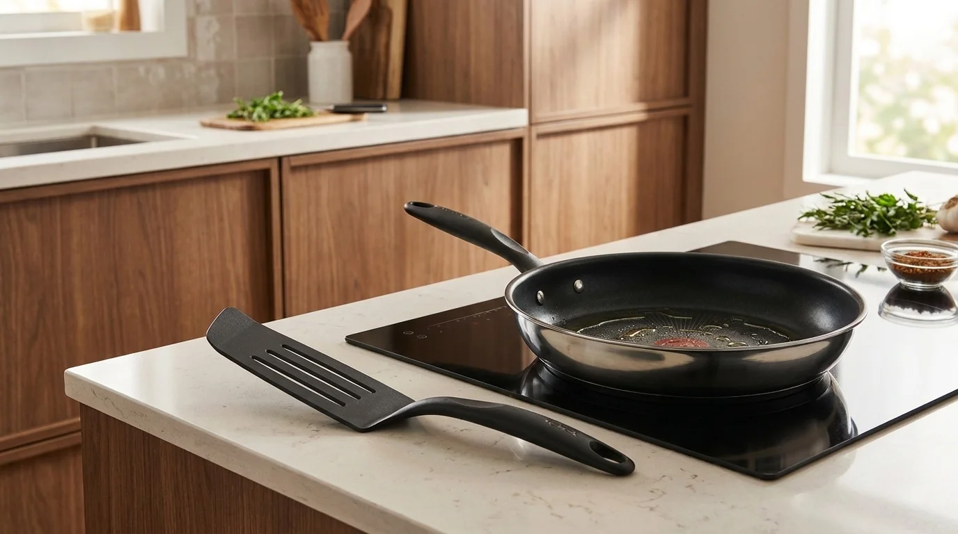 Černá obracečka Tefal položená na kuchyňské lince vedle pánve na varné desce.