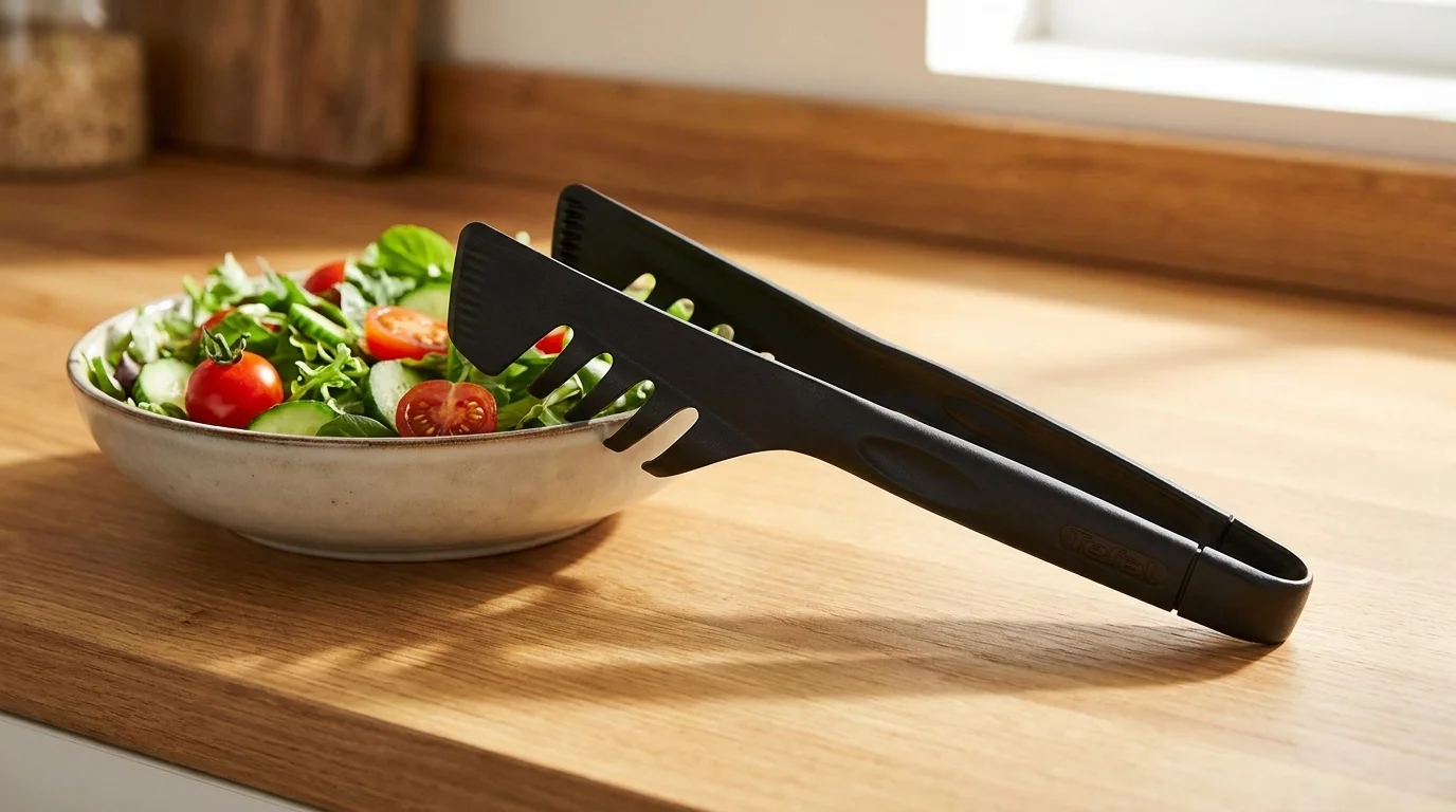 Černé plastové kleště Tefal položené na dřevěné lince vedle misky se zeleninovým salátem.