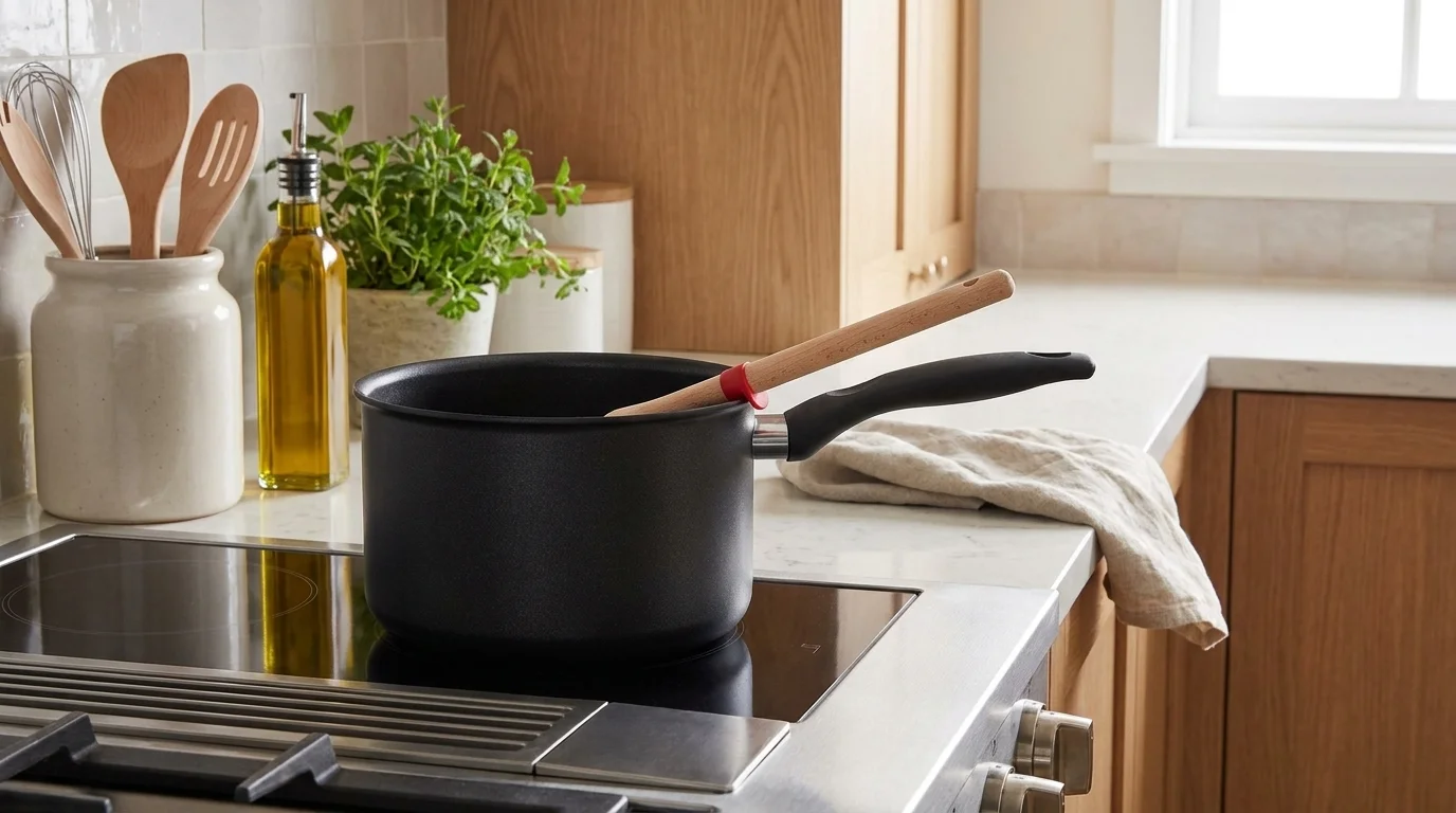 Dřevěná vařečka Tefal Ingenio Wood s červeným silikonovým kroužkem opřená o okraj černého hrnce na varné desce.