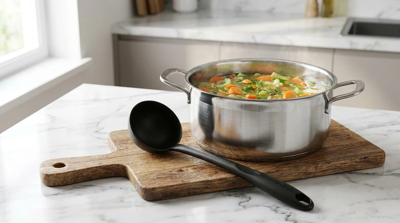 Černá kuchyňská naběračka Tefal položená na dřevěném prkénku vedle nerezového hrnce se zeleninovou polévkou.