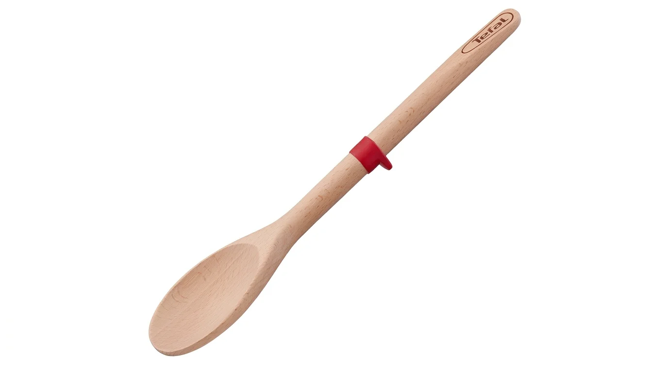 Dřevěná lžíce Tefal Ingenio Wood s červeným silikonovým kroužkem na rukojeti.