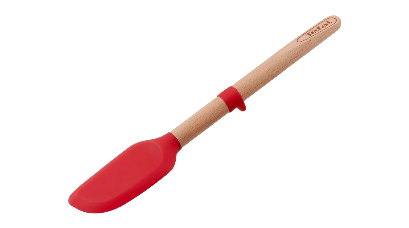 Kuchyňská obracečka Tefal Ingenio Wood s dřevěnou rukojetí, červenou silikonovou hlavou a ochranným kroužkem.