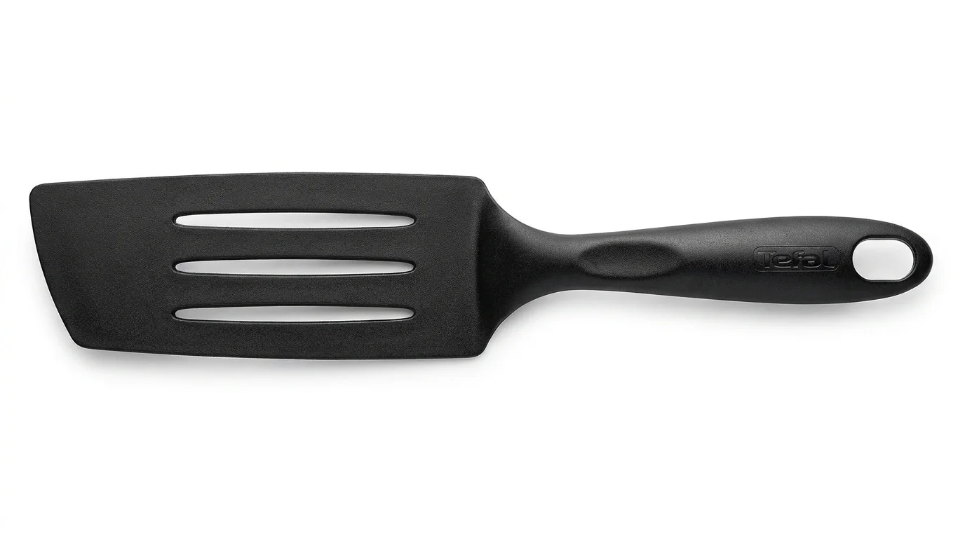 Černá obracečka Tefal se třemi podélnými otvory a otvorem na zavěšení na rukojeti.