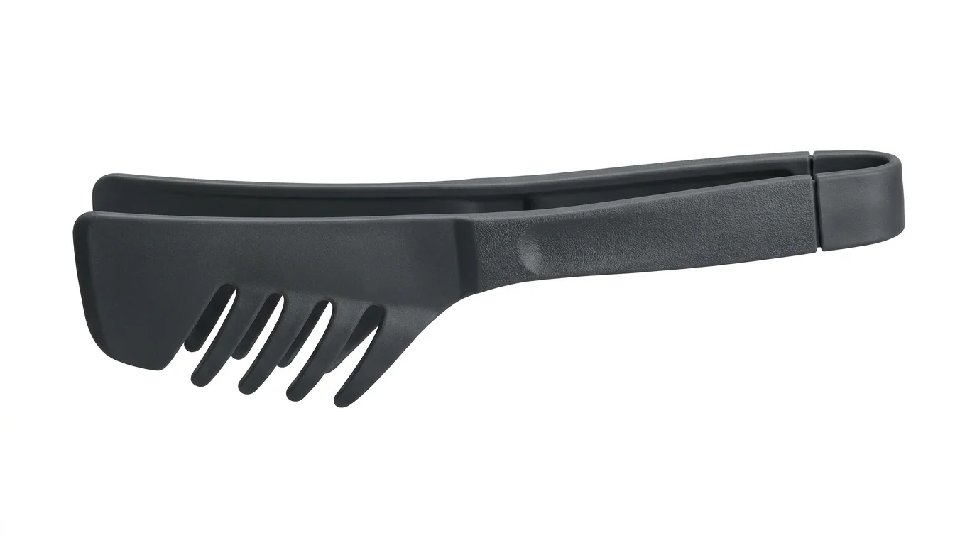 Černé plastové kuchyňské kleště Tefal s ozubeným zakončením na bílém pozadí.