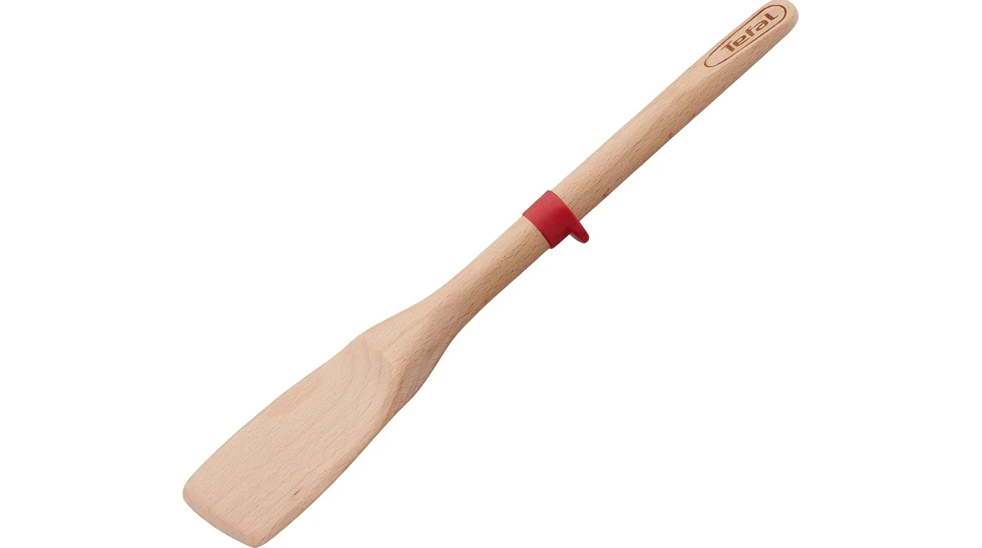 Dřevěná vařečka Tefal Ingenio Wood z bukového dřeva s červeným silikonovým kroužkem na rukojeti.