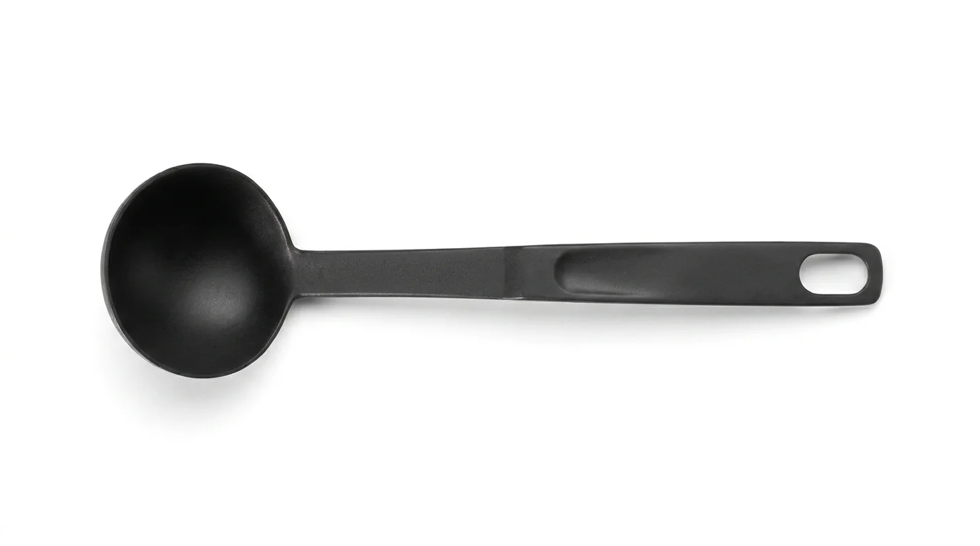 Černá plastová kuchyňská naběračka Tefal s otvorem na zavěšení na konci rukojeti.