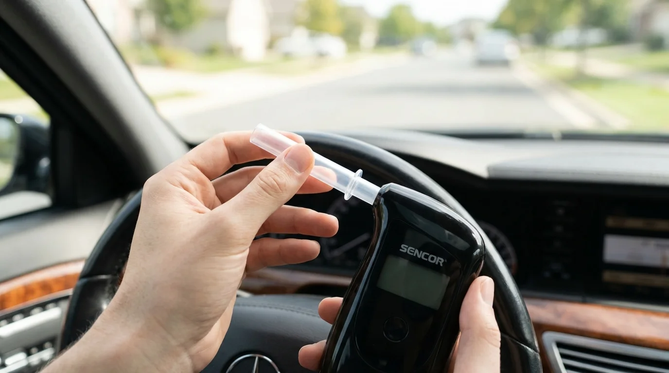 Ruce v interiéru auta nasazují průhlednou náhradní trubičku Sencor SCA BA99 na černý alkoholtester.