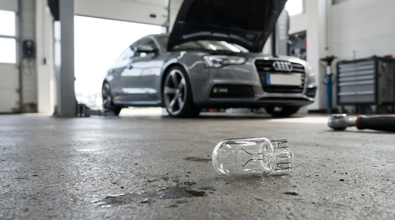 Autožiarovka W5W ležiaca na betónovej podlahe autoservisu pred osobným automobilom s otvorenou kapotou.