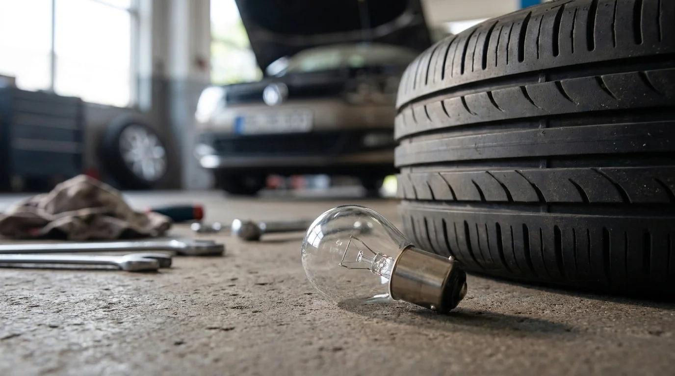 Čirá autožárovka P21W ležící na podlaze v autoservisu vedle pneumatiky a nářadí.