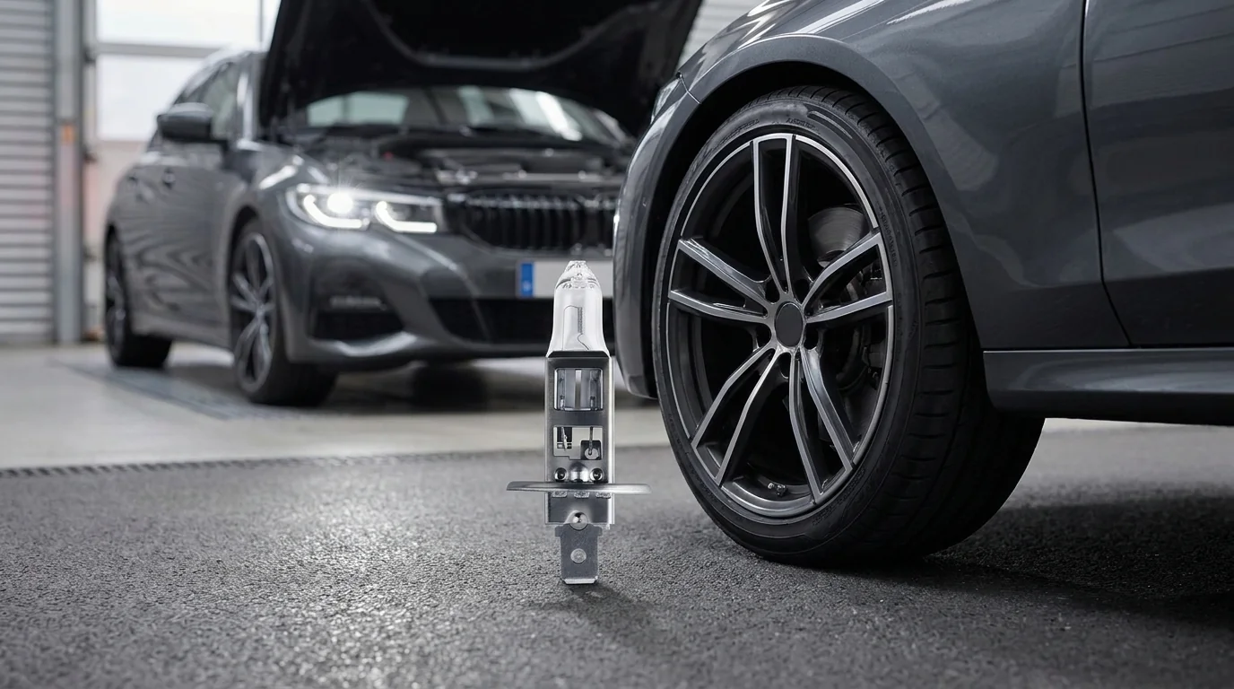 Halogenová autožárovka Philips H1 stojící na zemi v autoservisu vedle kola šedého automobilu.