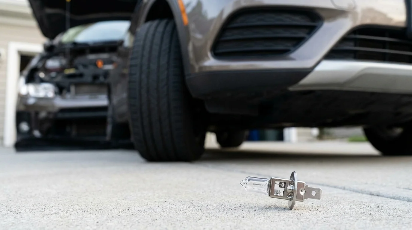 Autožárovka Philips H1 ležící na zemi před automobilem s otevřenou kapotou.