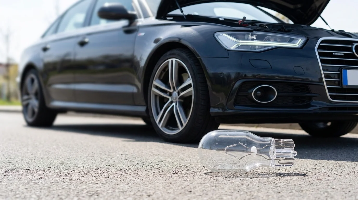 Čirá autožárovka W16W ležící na asfaltu před černým autem s otevřenou kapotou.