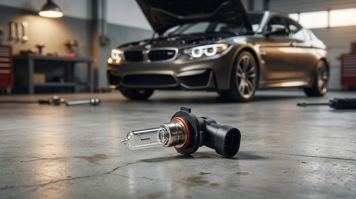 Autožárovka Philips HB3 Vision položená na podlaze dílny před osobním automobilem s otevřenou kapotou.