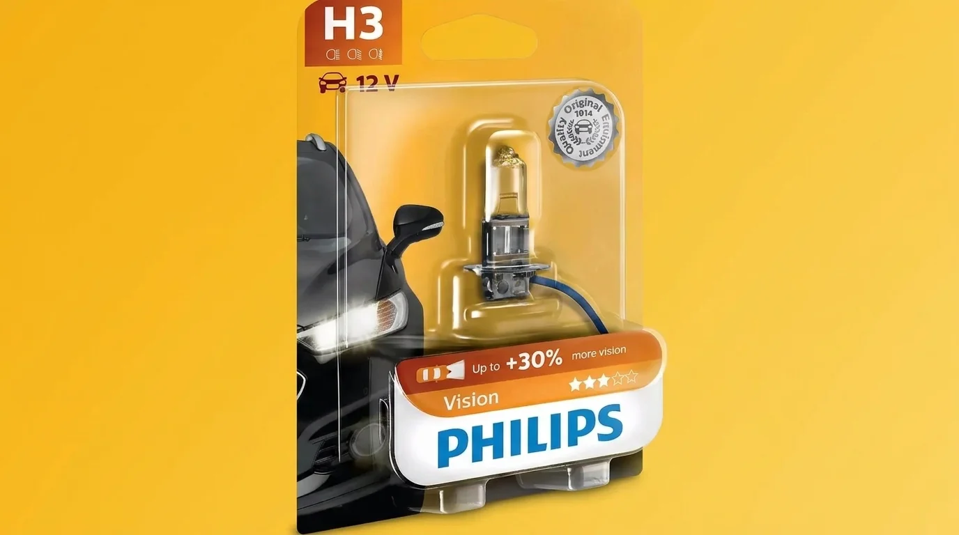 Autožárovka Philips H3 Vision 12 V v blistrovém balení s vyobrazením automobilu.