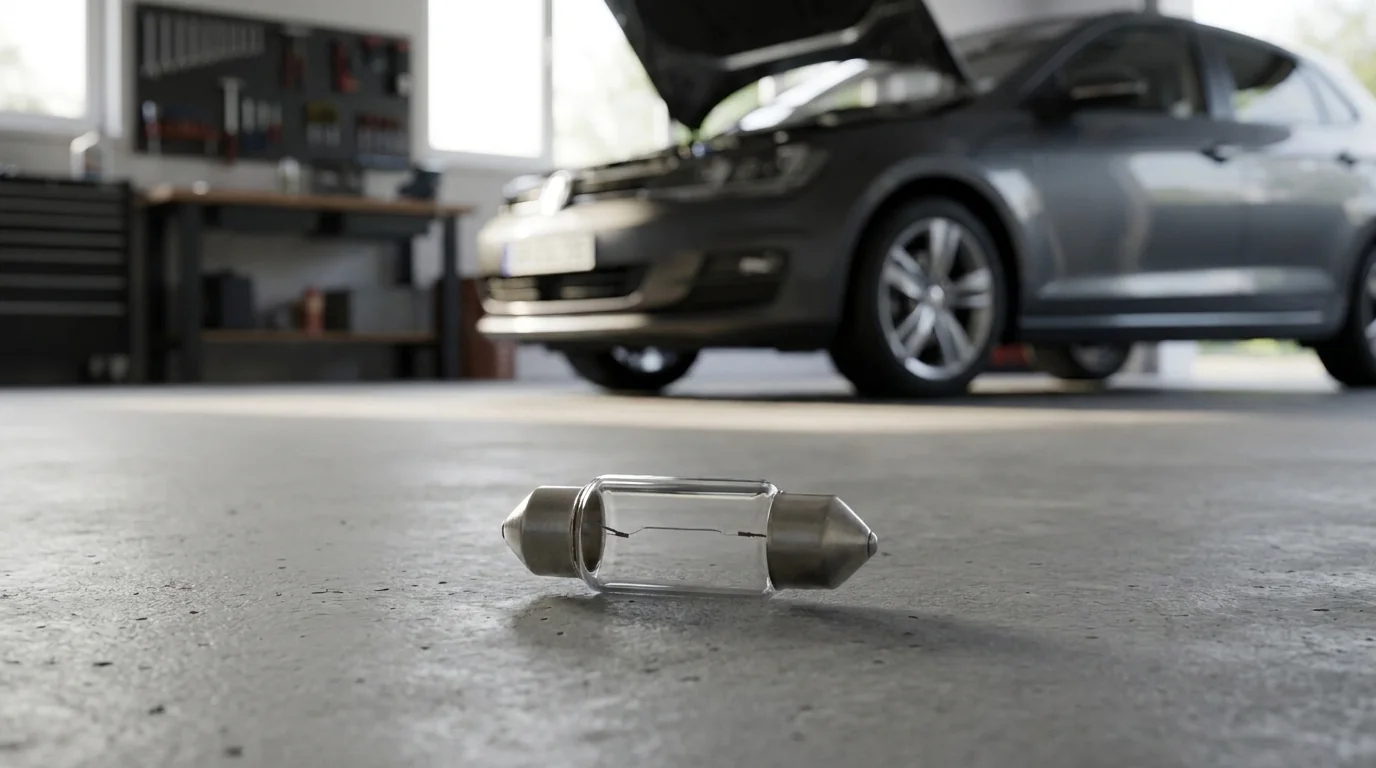 Autožárovka C5W ležící na betonové podlaze garáže s automobilem s otevřenou kapotou v pozadí.