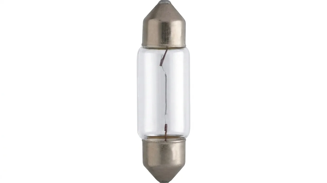 Čirá autožárovka Philips typu C5W Festoon s viditelným vláknem a kovovými paticemi.