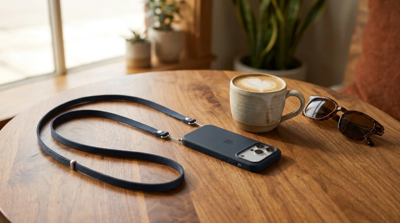 Tmavě modrý crossbody popruh Apple připnutý k telefonu iPhone na dřevěném stole vedle šálku kávy a slunečních brýlí.