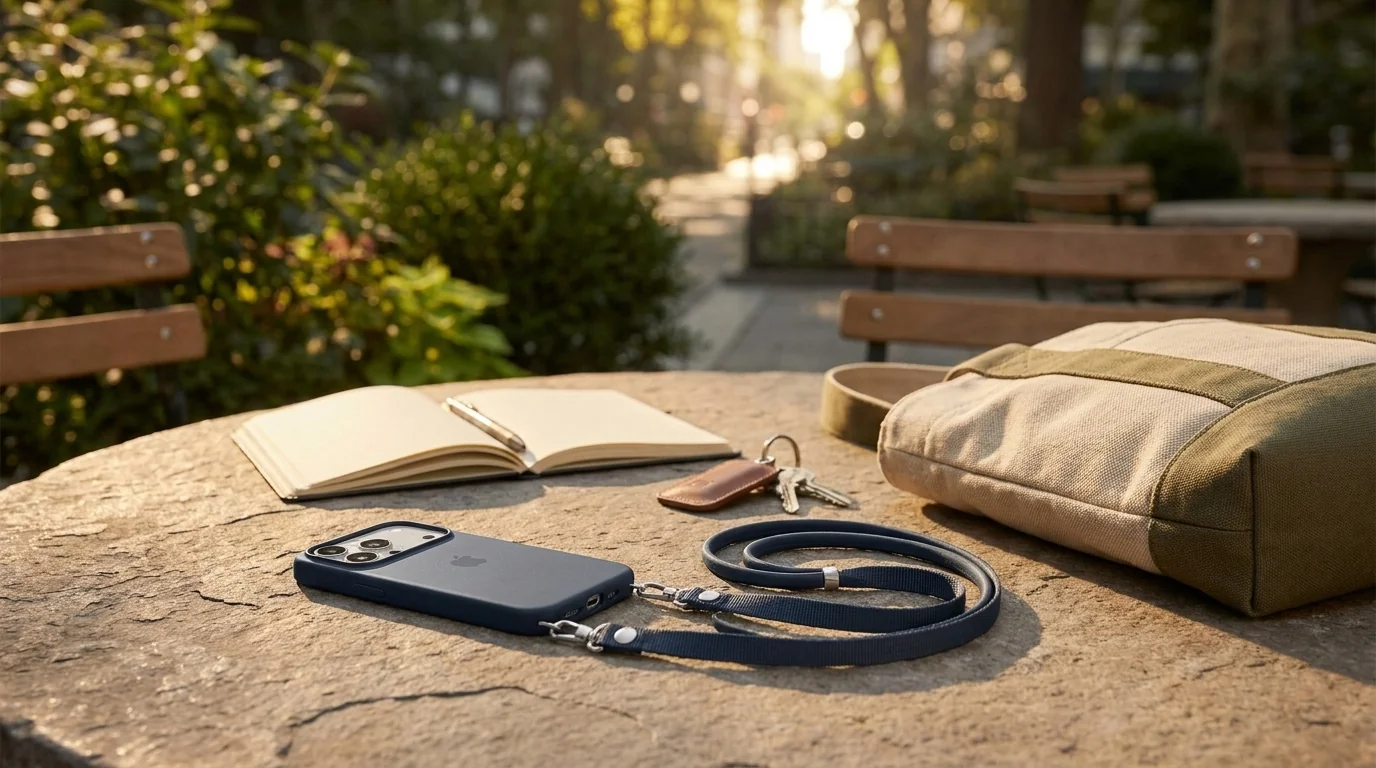 Námořnicky modrý crossbody popruh Apple připnutý ke krytu telefonu na stole vedle zápisníku a tašky.